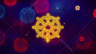 Wheel of Dharma Buddhism religion Icon Symbol on Colorful Fireworks Particles.