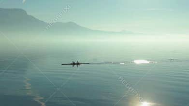 Two Men Kayaking on Sunny Day on Lake Geneva. Swiss Alps, Switzerland