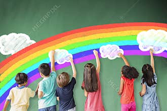 Children drawing rainbow and cloud on the chalkboard