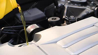 Man is filling new motor oil in engine. Auto mechanic is change and pouring fresh oil into engine
