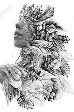 Paintography. Double exposure close up portrait of a young natural beauty, with face and hair combined with hand drawn leaves and