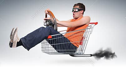 Unreal crazy driver in a shopping-cart with wheel
