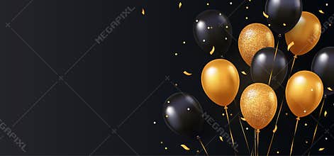 Celebration, festival background with helium balloons. Greeting banner or poster with gold and black realistic 3d vector flying ba