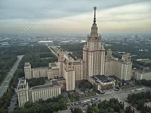 Aerial view of Lomonosov Moscow State University MGU on Sparrow Hills, Moscow, Russia. Aerial drone panorama view