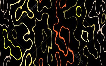 Abstract seamless vector pattern. Water, ripples, bark, lines. Orange, yellow, green, beige colors. Isolated black background