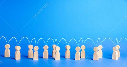 People united to each other with a mental link line. Social connections, communication. Call for cooperation, creating a new team