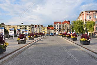 Bydgoszcz center with the old town tenements and Mostowa street at the Brda River