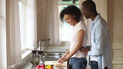 Wife prepares dinner husband embrace her behind talking enjoy date