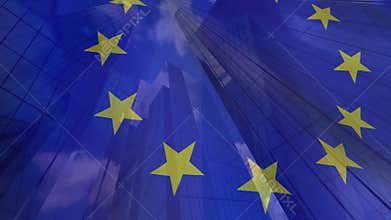 EU flag with modern office buildings in the background
