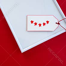 Five-star review on a label. Feedback concept