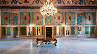 Royal era historic Manasterly Palace with decorated ceiling abd big chandelier, Cairo, Egypt