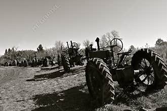 Old tractor sparked in a row in black and white