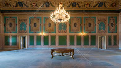 Royal era historic Manasterly Palace with decorated ceiling and big chandelier, Cairo, Egypt