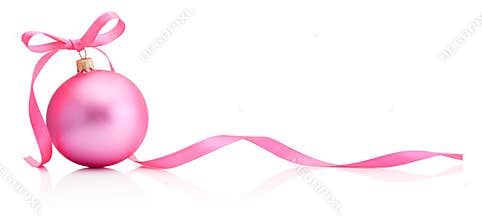 Christmas pink bauble with ribbon bow isolated on white background