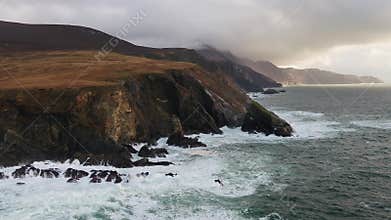 Aerial view of the beautiful coast at Malin Beg looking in County Donegal, Ireland.