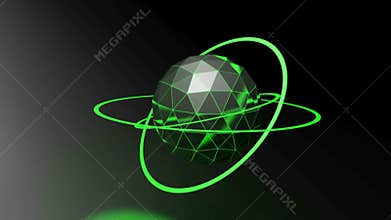 Black background with faceted sphere with green rings - 3D rendering video clip