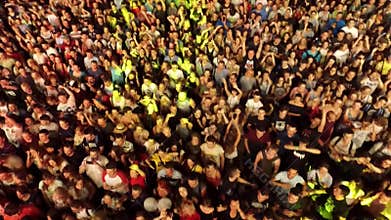 Top sky view of huge public crowd of fans at open air concert Prodigy rock star band musical perfo
