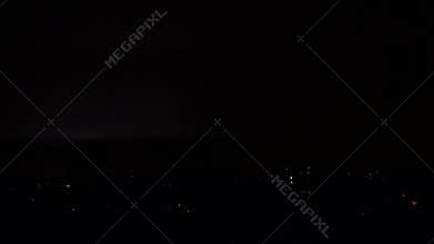 Lighting, Thunderbolt over Buildings in City, Town, Storm in Night, Downtown