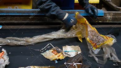 Moving conveyor transporter on Modern waste recycling processing plant. Separate and sorting garbage collection. Recycling and sto