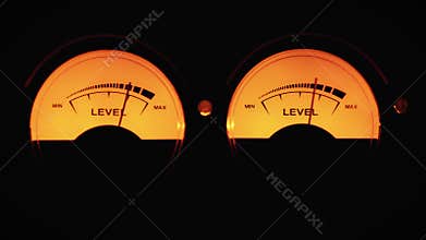 Analog dial indicator of sound signal level in db. arrow moves in sync with sound level.