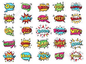 Comic speech bubble. Cartoon comic book text clouds. Comic pop art book pow, oops, wow, boom exclamation signs vector