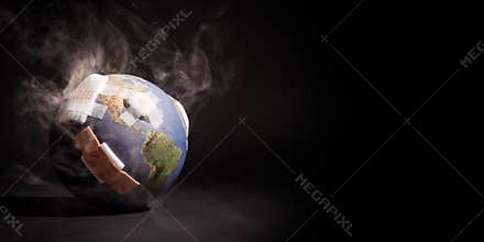 White smoke cover around the globe World full of bandages, demonstrating impact of global warming, climate change, pollution.