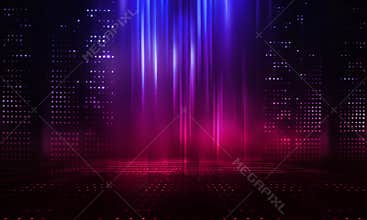 Abstract futuristic neon background. Searchlight light, wet asphalt, smoke, night view, rays.