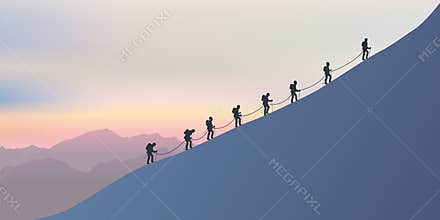 Roped mountaineers climb the side of a mountain as they walk along a ridge at sunset.
