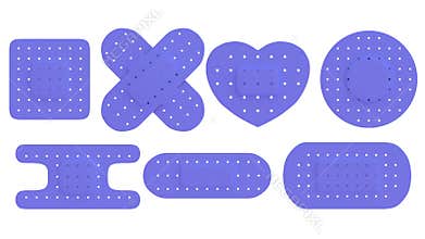 Adhesive bandages set in different shape isolated on white background, blue. Adhesive plasters.
