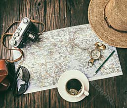 Still life of planning new travel destinations on the world map