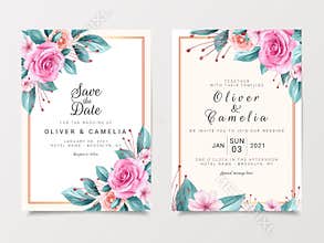 Vintage wedding invitation card template set with watercolor floral border. Roses and leaves botanic illustration for background,