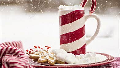 Biscuits and hot cup drink at christmas or xmas holidays under snowfall animation