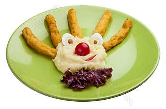 Fish fingers and mashed potatoes. In the form of a funny man. Meals for children