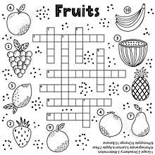 Black and white crossword puzzle game with fruits for kids
