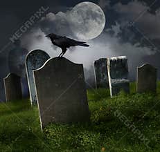 Cemetery with old gravestones and moon