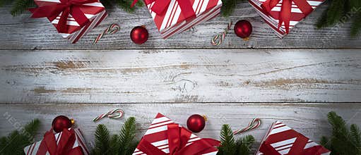 Merry Christmas holiday top and bottom borders on white weathered wooden background
