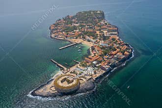 Aerial view of Goree Island. Gorée. Dakar, Senegal. Africa. Photo made by drone from above. UNESCO World Heritage Site