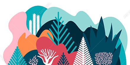 Card banner invitation with winter landscaping plants trees hills.