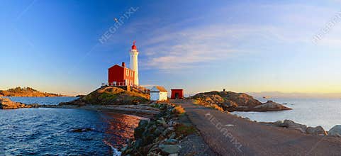 Fisgard Lighthouse at Sunset, Fort Rodd Hill National Historic Site, Victoria, BC, Vancouver Island, Canada