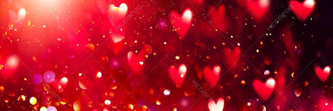 Valentine`s Day red Background. Holiday Blinking Abstract Valentine Backdrop with Glowing Hearts. Heart Shape Bokeh