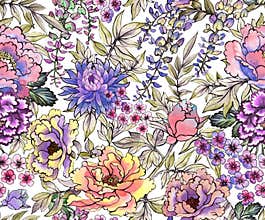 Watercolor flowers. Japanese seamless pattern.Asian ink print with chrysanthemum