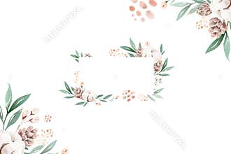 Watercolor floral wreath and bouquet frame illustration with cotton balls peach color, white, pink, vivid flowers, green
