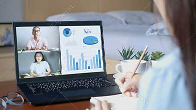 4K. work from home. people making video conference with colleague via laptop computer during home quarantine to avoid spread germs