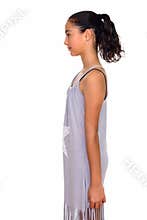 Side view of young beautiful teenage girl isolated against white background