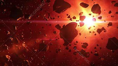 4K. Asteroids Cluster In The Rays Of Red Sun.