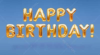 Words HAPPY BIRTHDAY made of golden inflatable balloons floating on blue background. Gold foil helium balloons forming phrase.