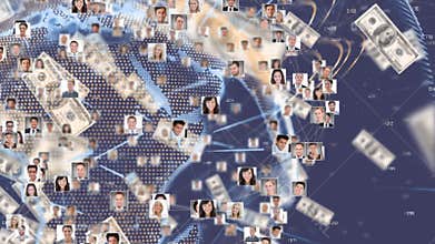 Animation of network of connections of multiple photos forming a globe