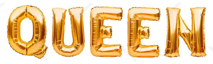 Golden word QUEEN made of inflatable balloons isolated on white background. Gold foil balloon letters. Party, birthday,
