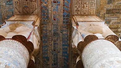 Beautiful interior of the Temple of Dendera or the Temple of Hathor. Egypt, Dendera, Ancient Egyptian temple near the