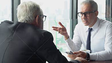 Two senior businessman discussion with partnership about work at office, executive meeting and conversation for success